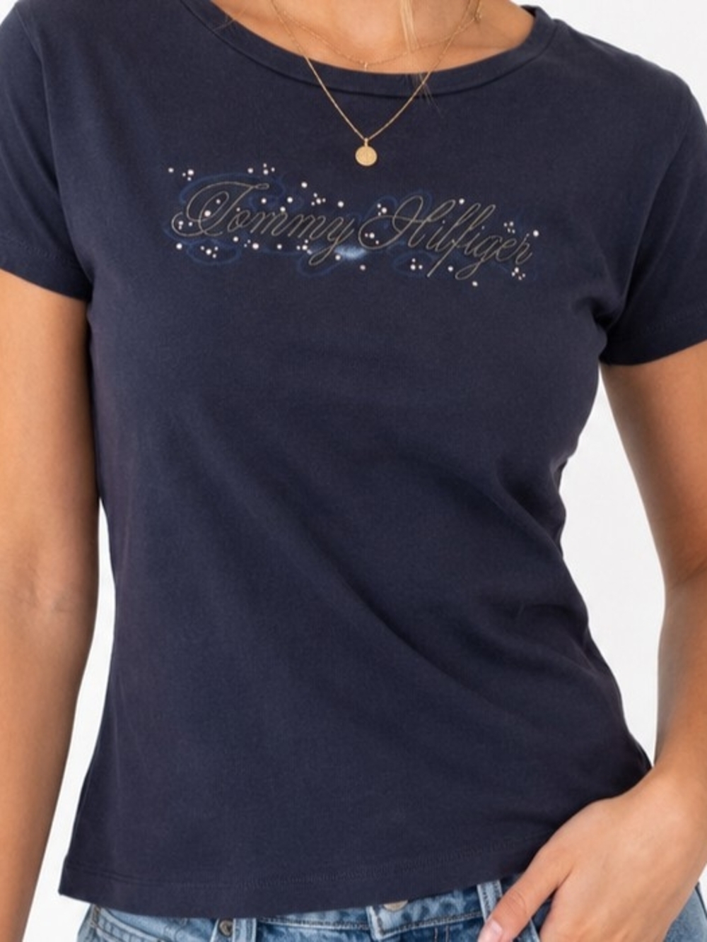 Tommy Hilfiger XL Navy Script Logo Rhinestone Y2K Tee
